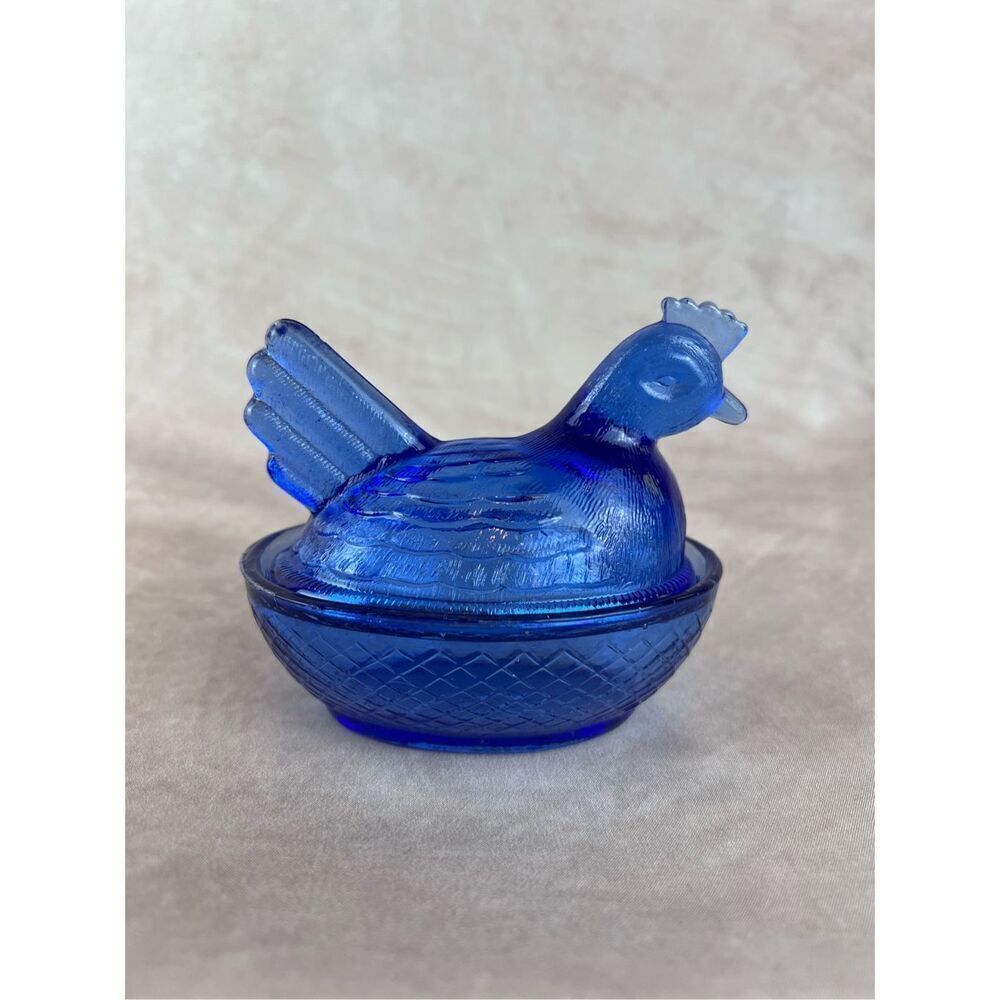 Vintage Dark Blue Glass Hen on Nest #4